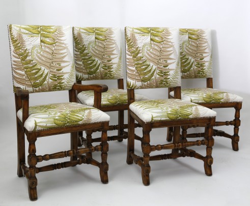 Set of Eight Dining Chairs, fern printed fabric upholstered seats and backs