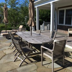 Barlow Tyrie Oval Teak Wood Dining Table, Chairs & Umbrella