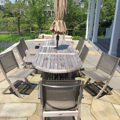 Barlow Tyrie Oval Teak Wood Dining Table, Chairs & Umbrella