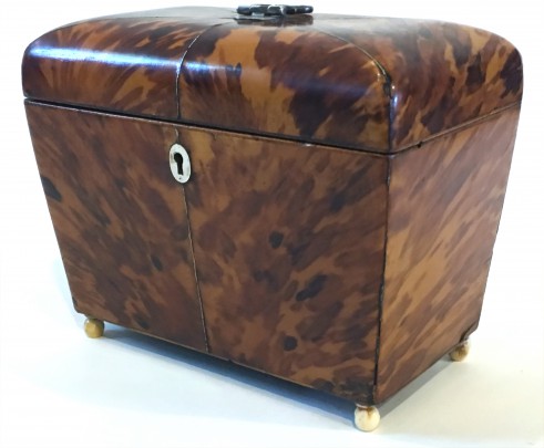 19th Century Tortoiseshell Double Compartment Tea Caddy, dome lid
