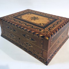 19th Century Multi-Wood Inlaid Sailor’s Lap Desk, with star, quarter fans and geometric inlay.