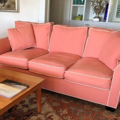 Custom California Coral Six-Cushion Sofa, with white piping