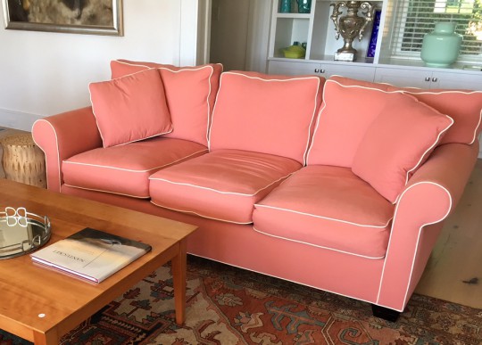 Custom California Coral Six-Cushion Sofa, with white piping