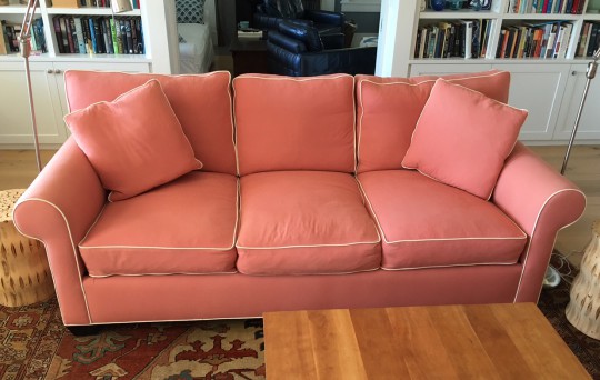 Custom California Coral Six-Cushion Sofa, with white piping