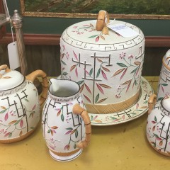 Majolica Bamboo Leaf Three Piece Tea Set, Dome Covered Jar and Plate