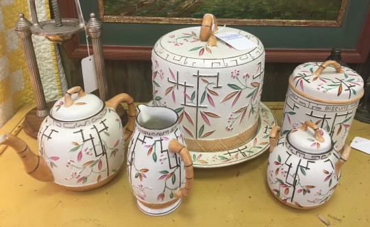 Majolica Bamboo Leaf Three Piece Tea Set, Dome Covered Jar and Plate