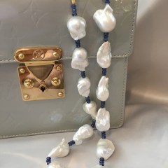15mm – 20mm White Baroque Fresh Water Pearl and Sapphire Bead Necklace