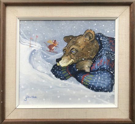 George Davis Oil on Board “Bear and Mouse Go Skiing”