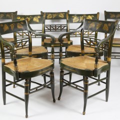 Set of Seven American Sheraton Paint Decorated Rush Seat Dining Chairs