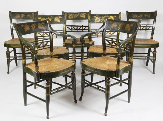 Set of Seven American Sheraton Paint Decorated Rush Seat Dining Chairs