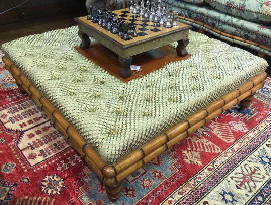 Bamboo Trimmed Tufted Upholstered Large Ottoman