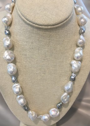 15mm – 17mm White Baroque and Gray Keshi Pearl Necklace