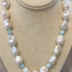 13mm – 15mm White Fresh Water Baroque Pearls and Larimar Bead Necklace