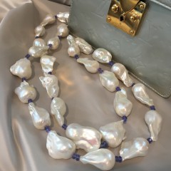 White Cultured Fresh Water Baroque Pearl and Tanzanite Bead Necklace