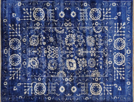 Hand Knotted Wool and Silk Blue and White Tone on Tone Tabriz Carpet