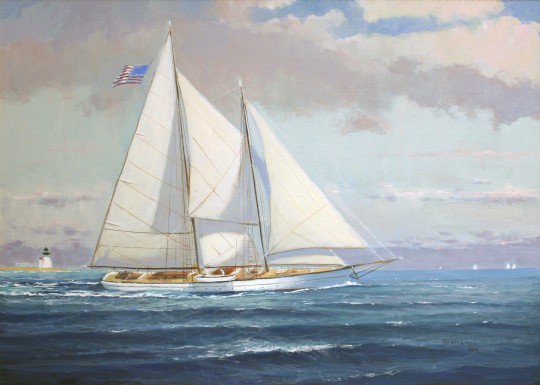 William W. Lowe Oil on Linen “Under Full Sail Passing Brant Point Lighthouse”