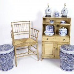 Group of Chinese Blue & White Porcelain, Faux Bamboo Chair & Pine Cupboard