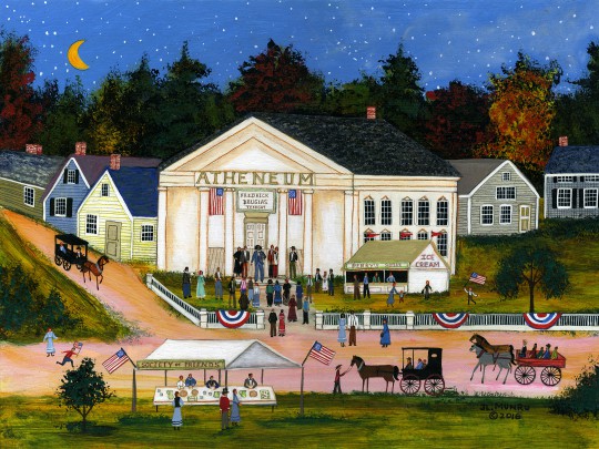 Jan L. Munro (American Contemporary) Folk Art Mixed Media on Masonite “Fredrick Douglas Speaking at the Atheneum, Nantucket”