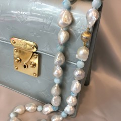 14mm – 17mm Cultured White Baroque Fresh Water Pearl & Larimar Bead Necklace