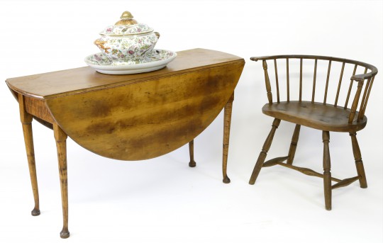 18th C. Drop Leaf Table, 19th C. Low Back Windsor Chair & Chinese Tureen
