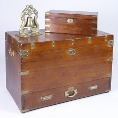 19th Century Campaign Trunk, Mahogany Lap Box & Vintage Brass Submariner’s Bell