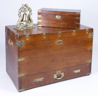 19th Century Campaign Trunk, Mahogany Lap Box & Vintage Brass Submariner’s Bell