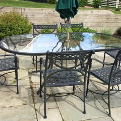 Cast Aluminum Oval Glass Top Dining Table & Six Chairs