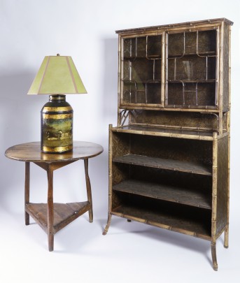 19th C. Cricket Table, Lamp & Bamboo Glazed Door Bookcase