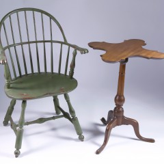 Green Painted Bowback Windsor Armchair & Unusual Four-Leaf Mahogany Candle Stand