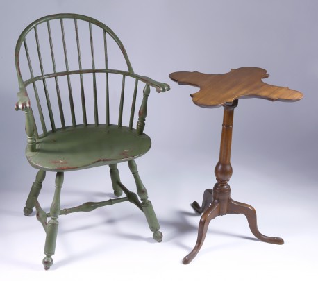 Green Painted Bowback Windsor Armchair & Unusual Four-Leaf Mahogany Candle Stand