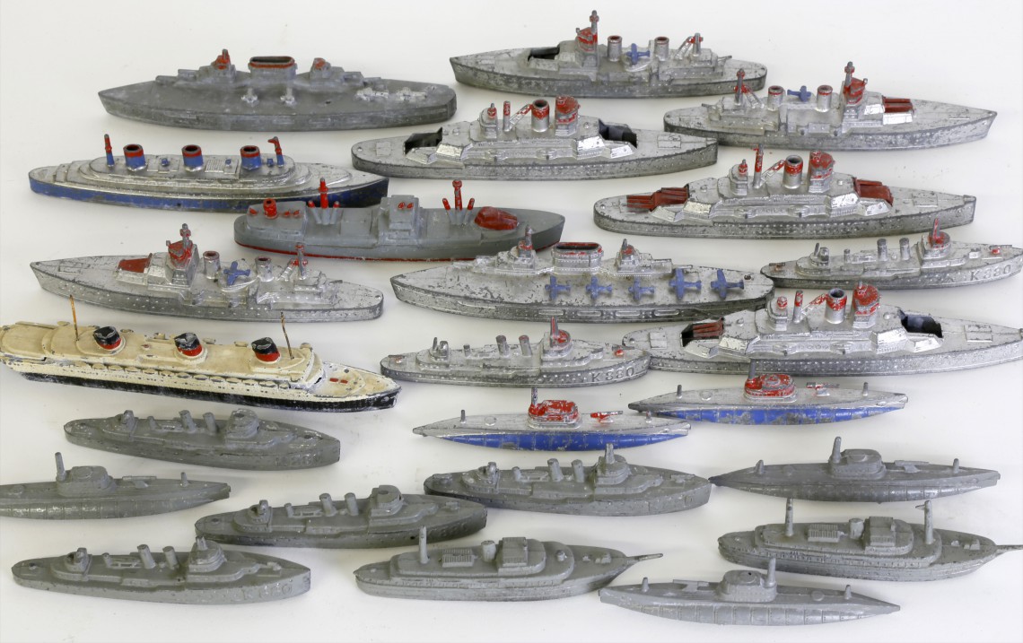 Toy Ship Collection Of 24 Vintage Polychromed Metal Toy Ships 