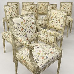 Set of Ten Louis XVI Style Pale Gray Painted Beechwood Dining Chairs