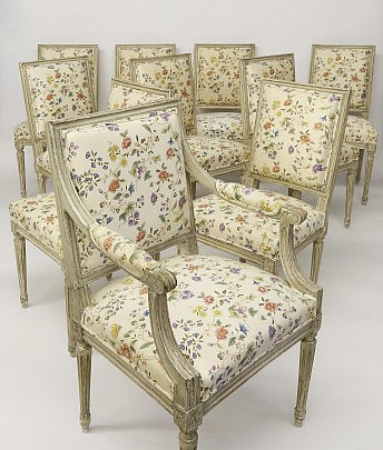 Set of Ten Louis XVI Style Pale Gray Painted Beechwood Dining Chairs