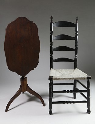 Nantucket Late Federal Mahogany Candlestand &  Nantucket Black Painted Ladderback Side Chair