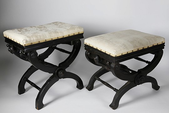 Near Pair of Ebonized Piano Stools