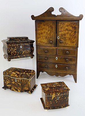 Regency Tortoiseshell Tea Caddies & Late Georgian Inlaid Miniature Mahogany Secretary