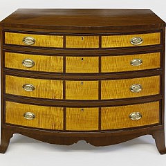 Portsmouth, New Hampshire “Thirteen Panel” Federal Mahogany and Tiger Maple Bowfront Chest of Drawers