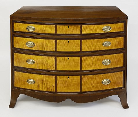 Portsmouth, New Hampshire “Thirteen Panel” Federal Mahogany and Tiger Maple Bowfront Chest of Drawers