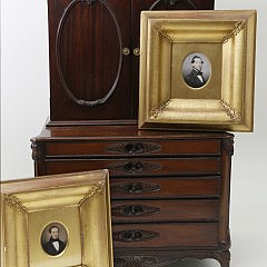 George Hargreaues Miniatures on Ivory “Two Gentlemen of the Heape Family” and George II Style Mahogany Miniature Bookcase Cabinet