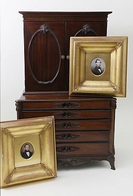 George Hargreaues Miniatures on Ivory “Two Gentlemen of the Heape Family” and George II Style Mahogany Miniature Bookcase Cabinet