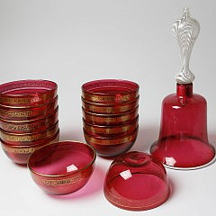 Set of Twelve Gilt-Decorated Cranberry Glass Finger Bowls & Large Cranberry Glass Wedding Bell