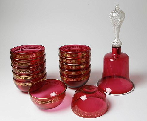 Set of Twelve Gilt-Decorated Cranberry Glass Finger Bowls & Large Cranberry Glass Wedding Bell