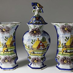 Dutch Delft Polychrome Garniture of Three Vases