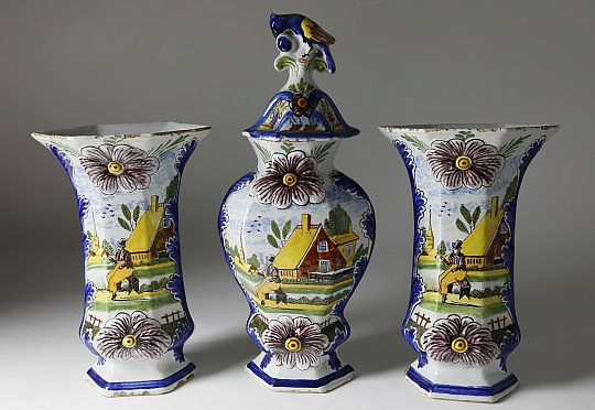 Dutch Delft Polychrome Garniture of Three Vases