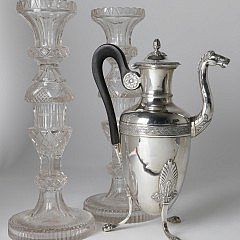 Pair of Anglo-Irish Clear Colorless Cut-Glass Candlesticks and Charles X Silver Coffee Pot