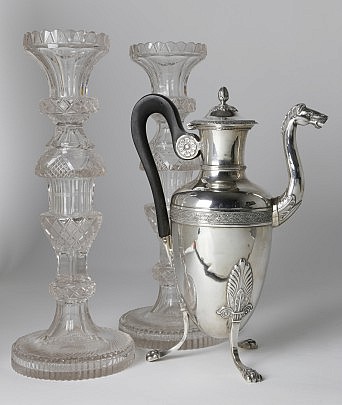 Pair of Anglo-Irish Clear Colorless Cut-Glass Candlesticks and Charles X Silver Coffee Pot