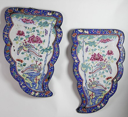 Pair of Canton Enameled Copper Leaf Form Plaques