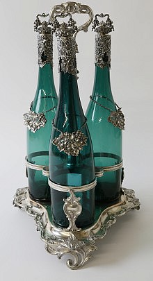 Victorian Silver-Plated Decanter Stand with Three Green Glass Bottles