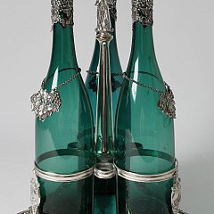 Victorian Silver-Plated Decanter Stand with Three Green Glass Bottles