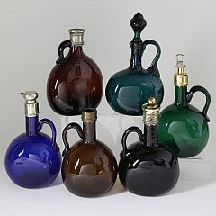 Collection of Six Hand-Blown Colored Clear Glass Decanters